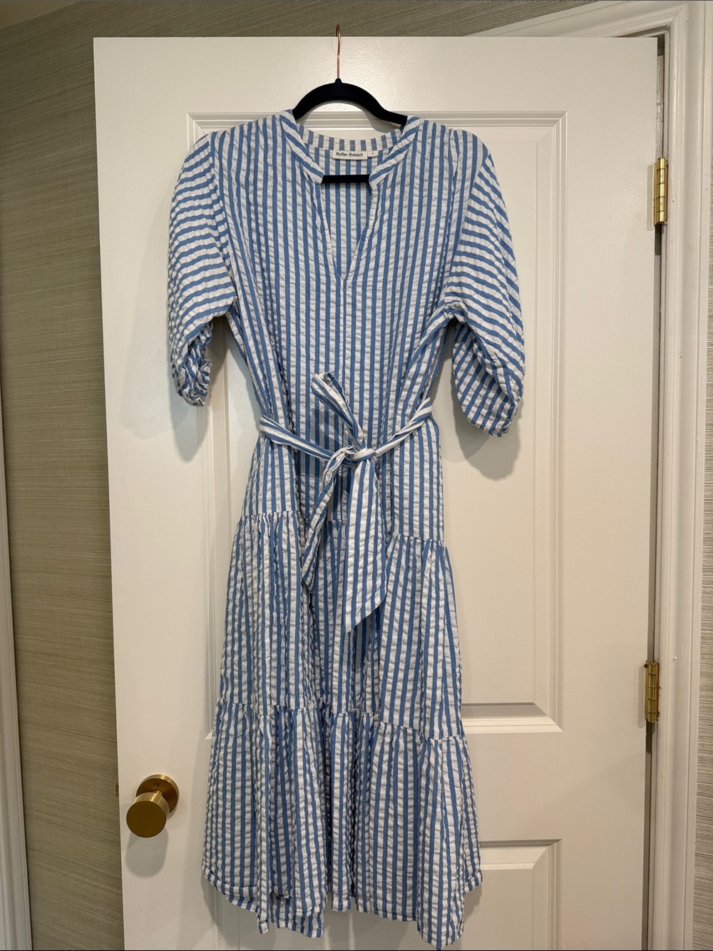 Roller Rabbit Blue and White Striped Tie-Waist Midi Dress